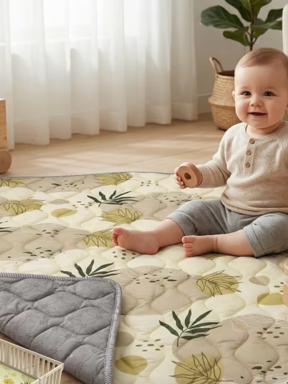 Baby Play Mat - Cream & Green Floral Quilted Floor Mat